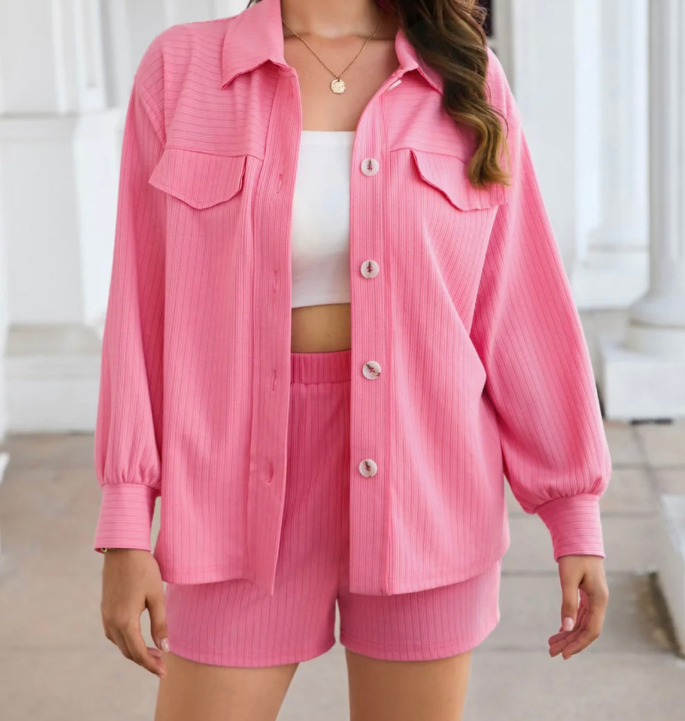 Carnation Pink Button Down and Shorts Set