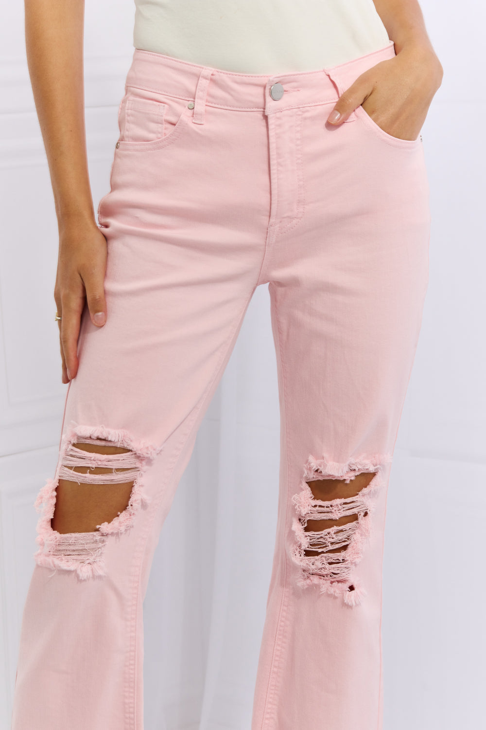 Pink Distressed Ankle Flare Jeans