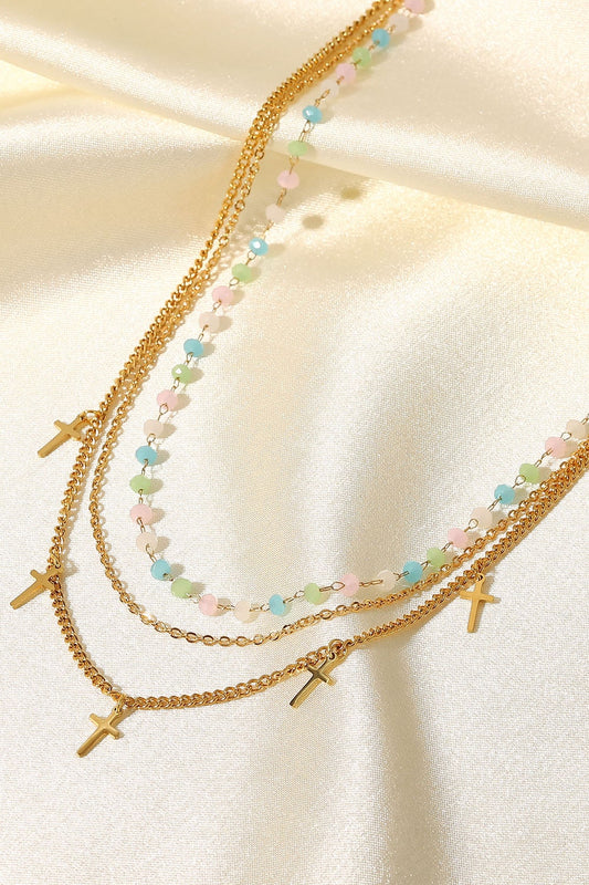 Cross Pendant Triple-Layered Necklace