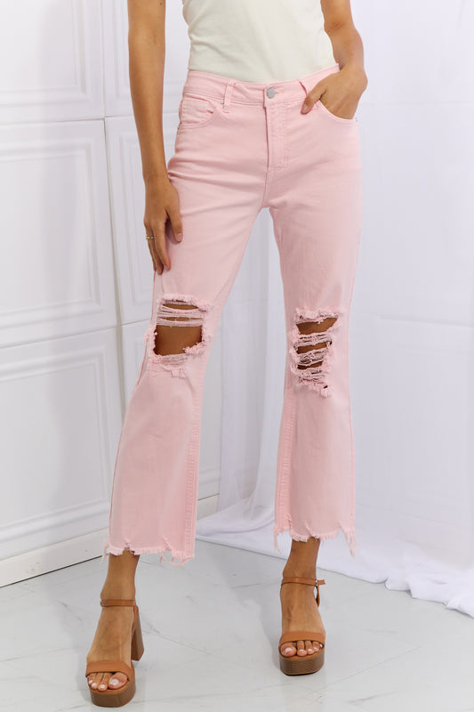 Pink Distressed Ankle Flare Jeans