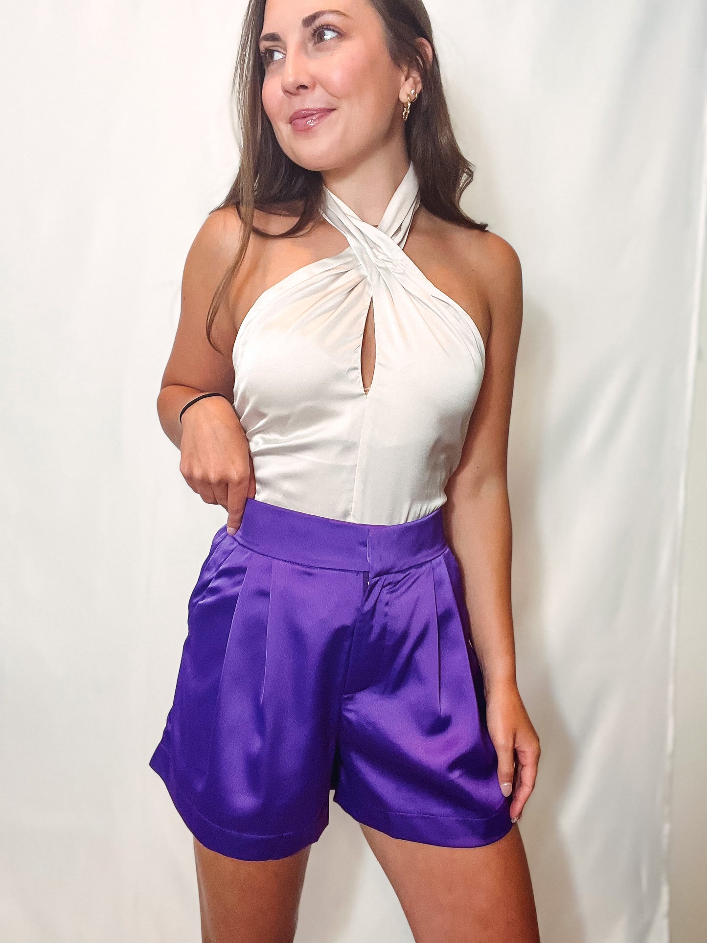 Purple Satin Pleated Shorts