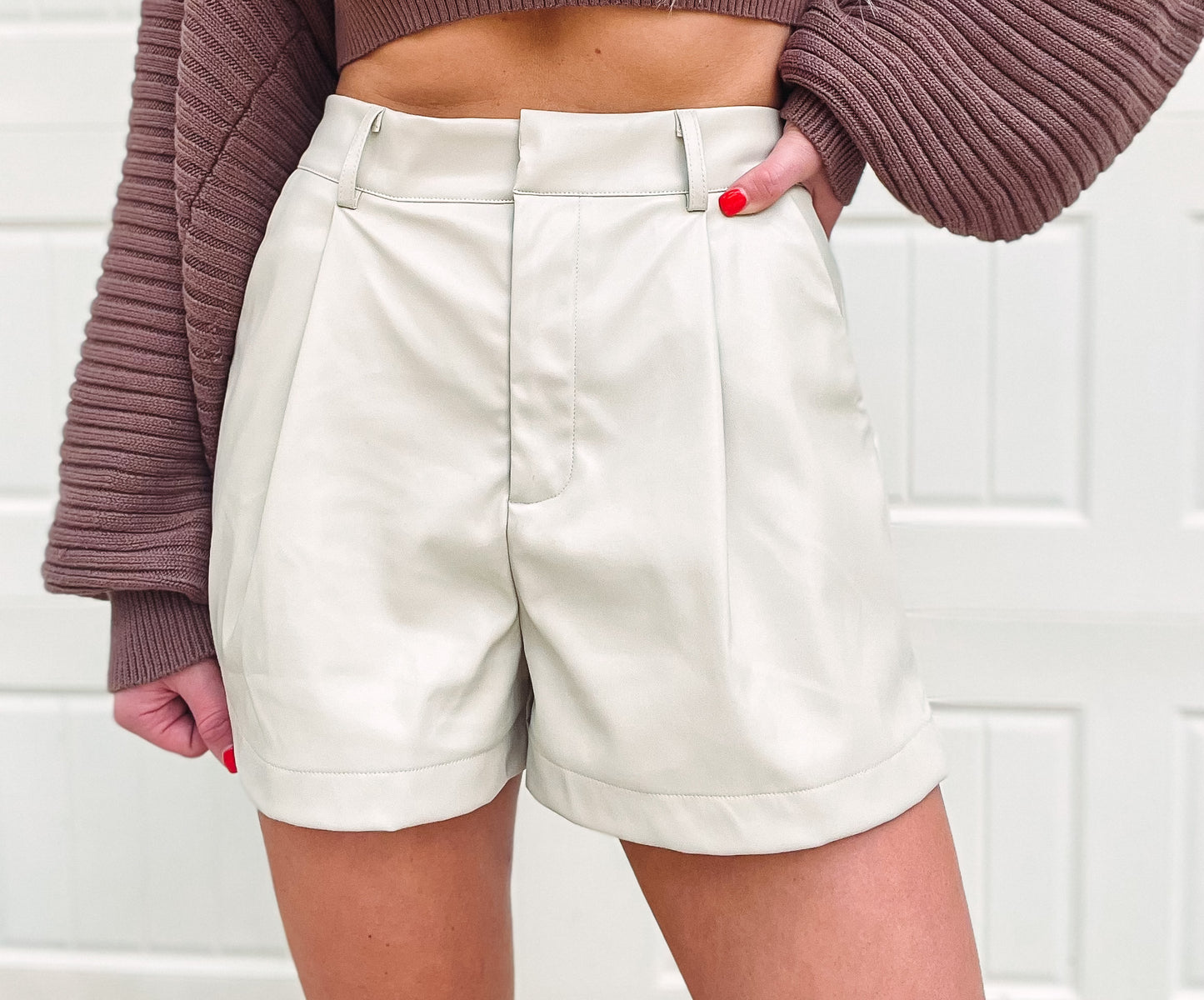 Cream Pleated Leather Shorts