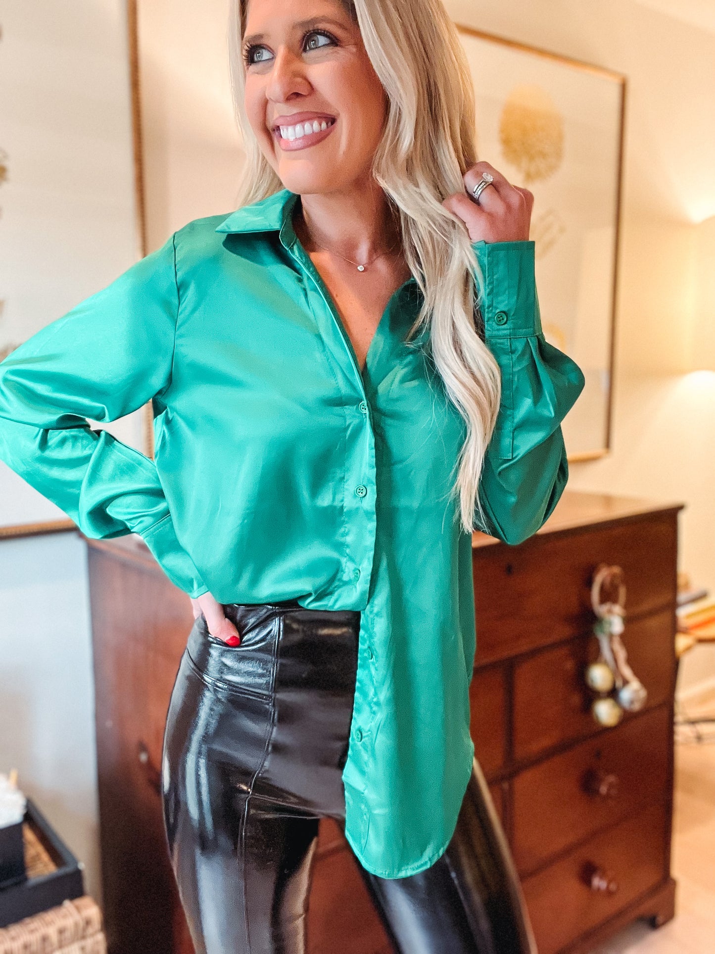 Kelly Green Satin Buttoned Blouse