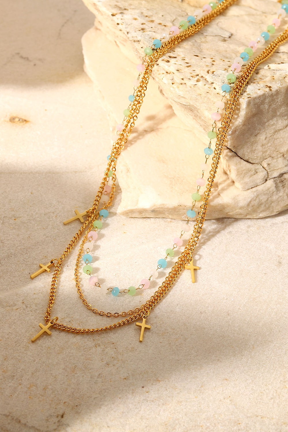 Cross Pendant Triple-Layered Necklace